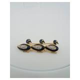 3 Vintage Brooches: (2) Waddle of 3 blue enamel ducks with rhinestones on bar pin & one peacock