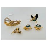 5 Brooches: 2 turtles, 2 birds-  one bird is 2” w other is 1 ½”w, one swan 2 ½” w x 1 ½” t