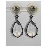 2 pierced earrings, one pear cut dangle post,  stud with red gemstone center surrounded by rhinestones