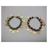 2 bracelets:  18K gold over bronze with Faceted gemstone beads & dangling coin charms 1Blue &1 green