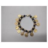 2 bracelets:  18K gold over bronze with Faceted gemstone beads & dangling coin charms 1Blue &1 green