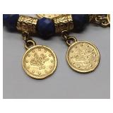 2 bracelets:  18K gold over bronze with Faceted gemstone beads & dangling coin charms 1Blue &1 green