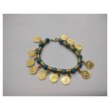 2 bracelets:  18K gold over bronze with Faceted gemstone beads & dangling coin charms 1Blue &1 green