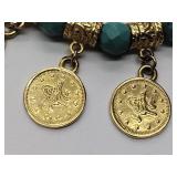2 bracelets:  18K gold over bronze with Faceted gemstone beads & dangling coin charms 1Blue &1 green
