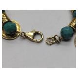2 bracelets:  18K gold over bronze with Faceted gemstone beads & dangling coin charms 1Blue &1 green