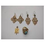 2 Filigree dangling pierce Earrings marked Turkey, ring w/ turquoise stone, Honors charm
