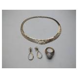 .925/sterling silver steel pierced dangle earrings, ring, and CZ choker necklace