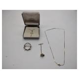 14k cross necklace in box, diamond tie tack, 14k gold necklace, 12k gold filled broach with pearls