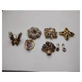6 Broaches (one marked 12KT)and 1 set of pierced earrings