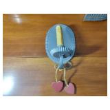 Country pcs: 9 plates, wall sconce; cheese strainer; tin candle holder; tin crimped base lamp w/shade