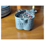 Country pcs: 9 plates, wall sconce; cheese strainer; tin candle holder; tin crimped base lamp w/shade