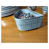 Country pcs: 9 plates, wall sconce; cheese strainer; tin candle holder; tin crimped base lamp w/shade