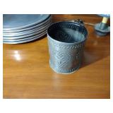 Country pcs: 9 plates, wall sconce; cheese strainer; tin candle holder; tin crimped base lamp w/shade