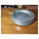 Country pcs: 9 plates, wall sconce; cheese strainer; tin candle holder; tin crimped base lamp w/shade