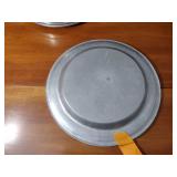 Country pcs: 9 plates, wall sconce; cheese strainer; tin candle holder; tin crimped base lamp w/shade