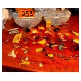 Antique Fly lures, some Heddon we think; 2 aluminum metal belt bait holders