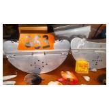 Antique Fly lures, some Heddon we think; 2 aluminum metal belt bait holders