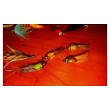 Antique Fly lures, some Heddon we think; 2 aluminum metal belt bait holders