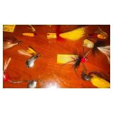 Antique Fly lures, some Heddon we think; 2 aluminum metal belt bait holders