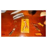 Antique Fly lures, some Heddon we think; 2 aluminum metal belt bait holders