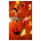 Antique Fly lures, some Heddon we think; 2 aluminum metal belt bait holders