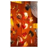 Antique Fly lures, some Heddon we think; 2 aluminum metal belt bait holders