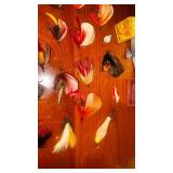 Antique Fly lures, some Heddon we think; 2 aluminum metal belt bait holders