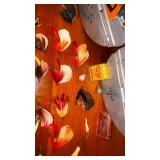 Antique Fly lures, some Heddon we think; 2 aluminum metal belt bait holders