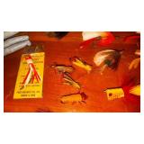 Antique Fly lures, some Heddon we think; 2 aluminum metal belt bait holders