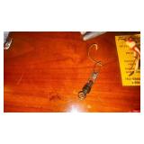 Antique Fly lures, some Heddon we think; 2 aluminum metal belt bait holders