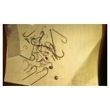 Antique Fly lures, some Heddon we think; 2 aluminum metal belt bait holders