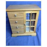 Blonde Oak Wooden 4 Drawer Jewelry Box with Mirror and Opening Door with Rings