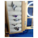 Blonde Oak Wooden 4 Drawer Jewelry Box with Mirror and Opening Door with Rings