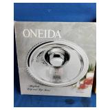 Hayden 6-Piece Multi-Purpose Serveware Tray and Oneida Park Lane Silver Plated Chip-and-Dip Server Big Round Fancy Embossed Party Platter - Unused