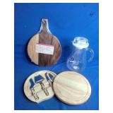 Cheese Cutting Board with Tools, A Wood Cutting Board, and A Mainstays 3-Quart Plastic Water Pitcher with Lid and Removeable Rod for Ice Core, Clear