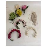 Vintage Ladies Hand Sewn Pouch Purse & Flower Headbands