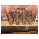 Vintage Libbey Gold Leaf 10 Tumbler Set and Carrier, Hollywood Regency 12 oz