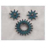 Zuni Style Needlepoint Brooch & Earrings Set