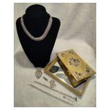 Rhinestone Jewelry Lot & Beautiful Rhinestone Decorated Trinket Box