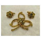 Rhinestone Three-Leaf Clover & Matching Clip Earrings