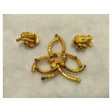 Rhinestone Three-Leaf Clover & Matching Clip Earrings