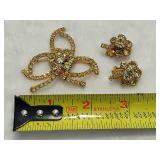 Rhinestone Three-Leaf Clover & Matching Clip Earrings