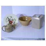 Vintage Crock bowl, plate, teapot a...