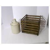 Antique wooden crate with crock jug...