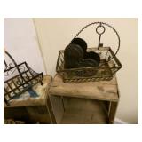 vintage wood crates, metal baskets,...