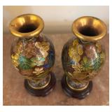 Two Vintage Brass Accented Cloisonné Ware Vases with Bases