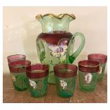 Antique Green Glass Pitcher with 5 Matching Tumblers, Floral Design