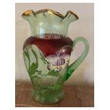 Antique Green Glass Pitcher with 5 Matching Tumblers, Floral Design