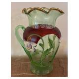 Antique Green Glass Pitcher with 5 Matching Tumblers, Floral Design