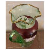 Antique Green Glass Pitcher with 5 Matching Tumblers, Floral Design